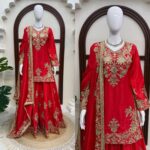 Red Color Chinon Silk Fabric Thread With Sequence Work Palazzo Suit