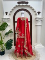 Red Color Chinon Silk Fabric Thread With Sequence Work Palazzo Suit