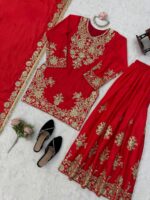 Red Color Chinon Silk Fabric Thread With Sequence Work Palazzo Suit