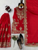 Red Color Chinon Silk Fabric Thread With Sequence Work Palazzo Suit