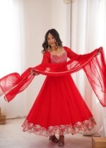 Red Color Faux Georgette Fabric Embroidery Sequence Work Anarkali Suit