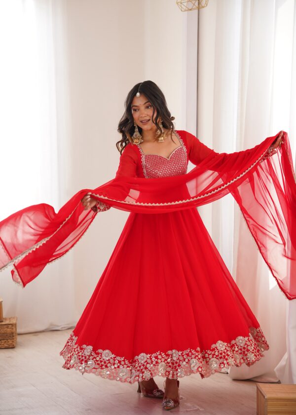 Red Color Faux Georgette Fabric Embroidery Sequence Work Anarkali Suit