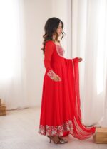 Red Color Faux Georgette Fabric Embroidery Sequence Work Anarkali Suit