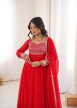 Red Color Faux Georgette Fabric Embroidery Sequence Work Anarkali Suit