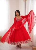 Red Color Faux Georgette Fabric Embroidery Sequence Work Anarkali Suit