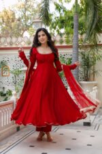 Red Color Faux Georgette Fabric Hand Work Anarkali Suit
