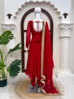 Red Color Faux Georgette Fabric Hand Work Anarkali Suit