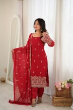 Red Color Faux Georgette Fabric Sequence With Bead Work Suit