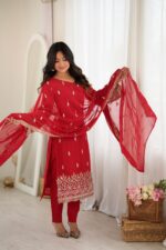 Red Color Faux Georgette Fabric Sequence With Bead Work Suit