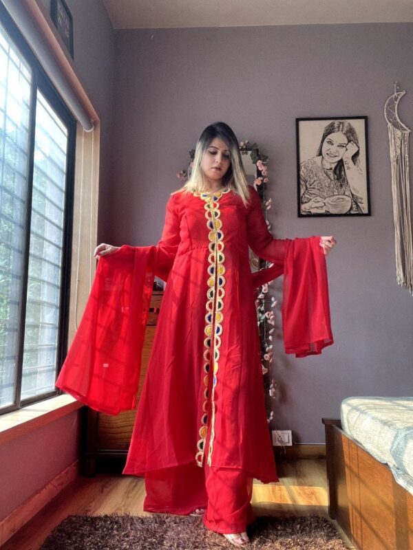 Red Color Georgette Fabric Velvet With Hand Work Sharara Suit