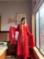 Red Color Georgette Fabric Velvet With Hand Work Sharara Suit