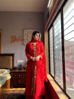 Red Color Georgette Fabric Velvet With Hand Work Sharara Suit