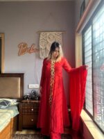 Red Color Georgette Fabric Velvet With Hand Work Sharara Suit