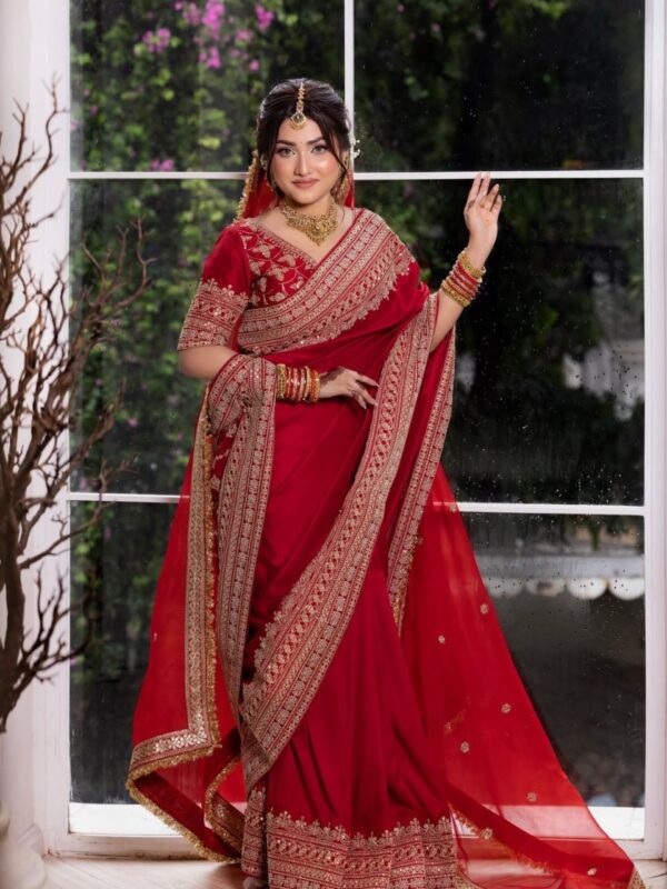 Red Color Japan Satin Fabric Thread With Coding Sequence Work Saree