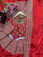 Red Color Japan Satin Fabric Thread With Coding Sequence Work Saree