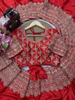 Red Color Japan Satin Fabric Thread With Coding Sequence Work Saree