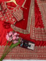 Red Color Japan Satin Fabric Thread With Coding Sequence Work Saree