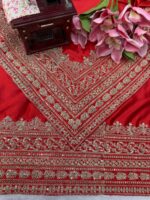 Red Color Japan Satin Fabric Thread With Coding Sequence Work Saree