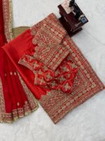 Red Color Japan Satin Fabric Thread With Coding Sequence Work Saree