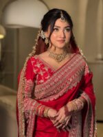 Red Color Japan Satin Fabric Thread With Coding Sequence Work Saree