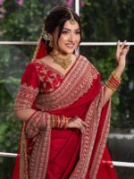 Red Color Japan Satin Fabric Thread With Coding Sequence Work Saree