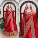 Red Color Japan Satin Fabric Thread With Coding Sequence Work Saree