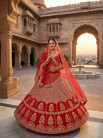 Red Color Kesariya Satin Fabric Jari With Sequence Work Lehenga