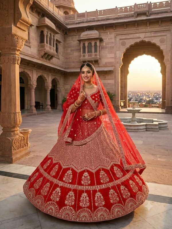 Red Color Kesariya Satin Fabric Jari With Sequence Work Lehenga