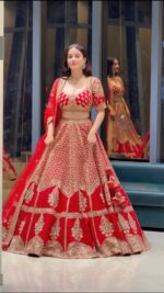 Red Color Kesariya Satin Fabric Jari With Sequence Work Lehenga