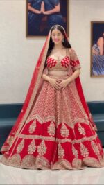 Red Color Kesariya Satin Fabric Jari With Sequence Work Lehenga