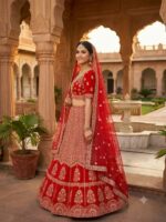 Red Color Kesariya Satin Fabric Jari With Sequence Work Lehenga