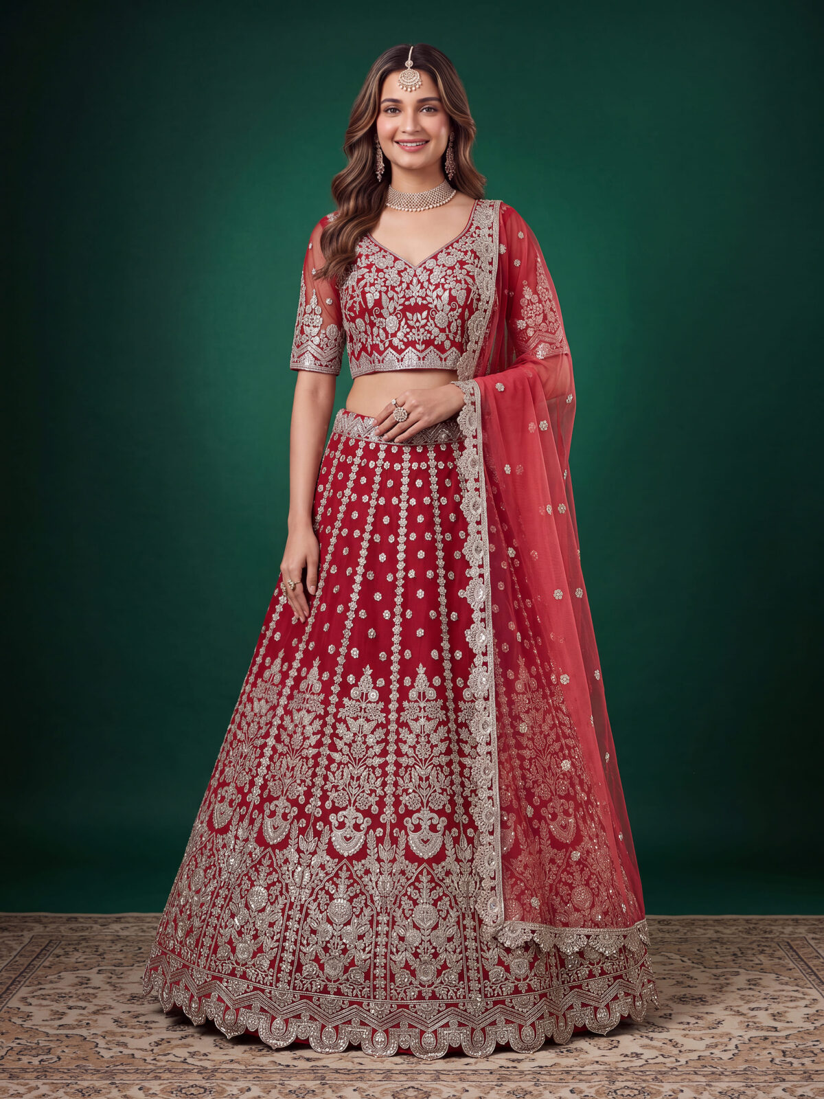 Red Color Soft Net Fabric Multiple Sequence Embroidery Work Bridal Lehenga