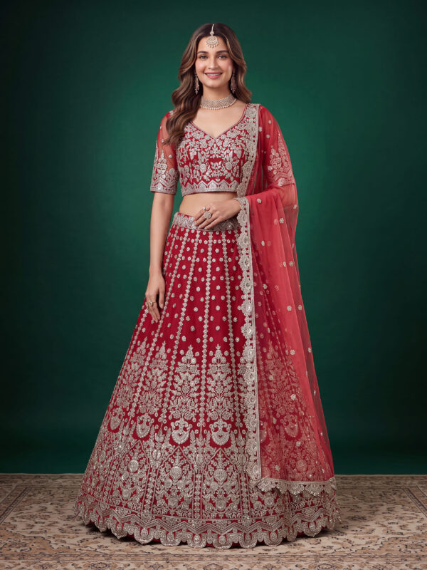 Red Color Soft Net Fabric Multiple Sequence Embroidery Work Bridal Lehenga