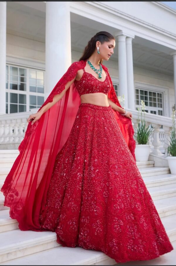Red Color Vichitra Silk Fabric Sequence With Embroidery Coding Work Lehenga