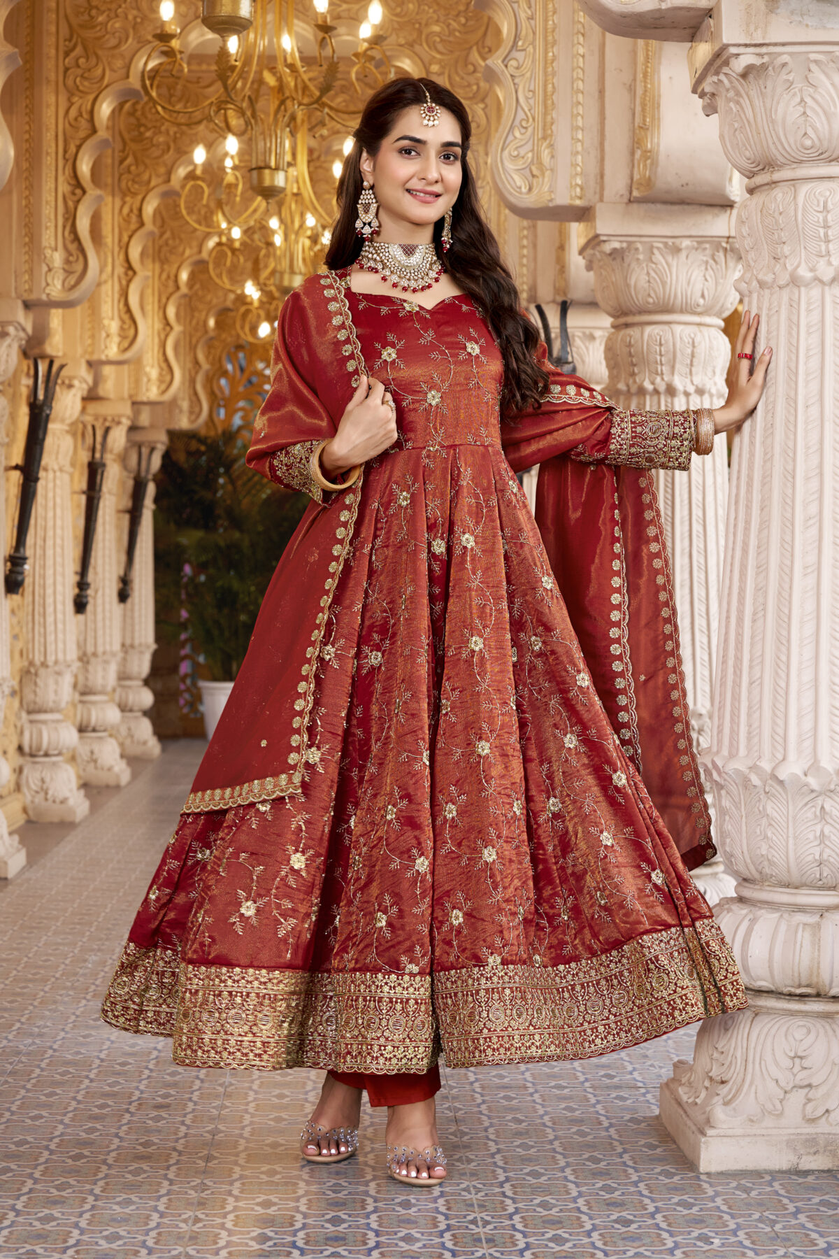 Rust Color Cosmos Fabric Sequence With Bead Work Anarkali Suit