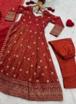 Rust Color Cosmos Fabric Sequence With Bead Work Anarkali Suit