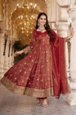 Rust Color Cosmos Fabric Sequence With Bead Work Anarkali Suit