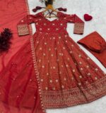 Rust Color Cosmos Fabric Sequence With Bead Work Anarkali Suit