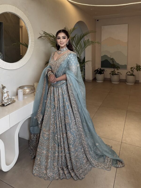 Sky Color Crepe Silk Fabric Jari With Sequence Work Lehenga