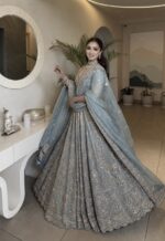 Sky Color Crepe Silk Fabric Jari With Sequence Work Lehenga