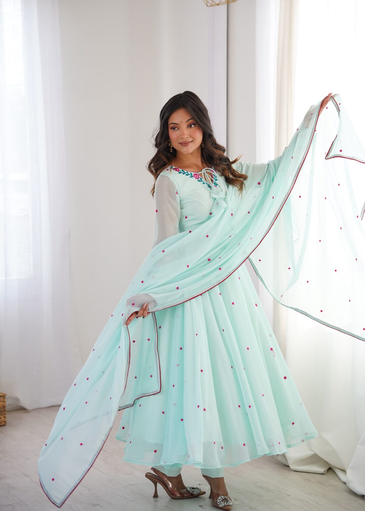 Sky Color Faux Georgette Fabric Embroidery Thread Work Anarkali Suit