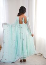 Sky Color Faux Georgette Fabric Embroidery Thread Work Anarkali Suit