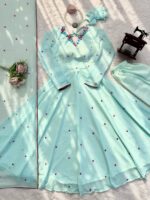 Sky Color Faux Georgette Fabric Embroidery Thread Work Anarkali Suit