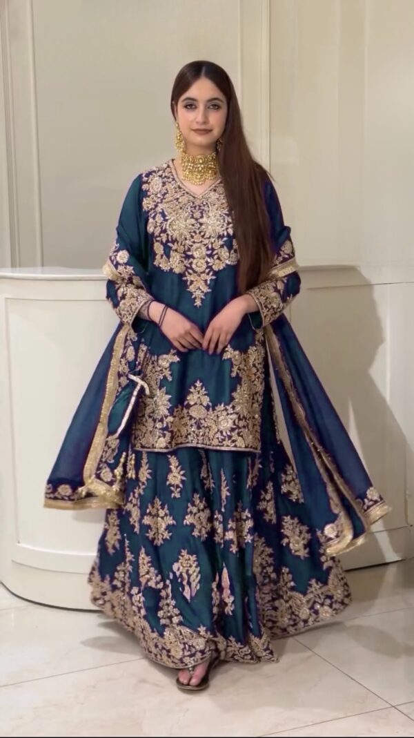 Teal Blue Color Chinon Silk Fabric Thread With Sequence Work Palazzo Suit