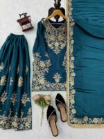 Teal Blue Color Chinon Silk Fabric Thread With Sequence Work Palazzo Suit