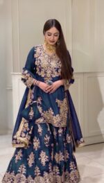 Teal Blue Color Chinon Silk Fabric Thread With Sequence Work Palazzo Suit