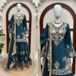 Teal Blue Color Chinon Silk Fabric Thread With Sequence Work Palazzo Suit