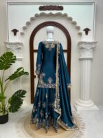 Teal Blue Color Chinon Silk Fabric Thread With Sequence Work Palazzo Suit