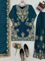 Teal Blue Color Chinon Silk Fabric Thread With Sequence Work Palazzo Suit