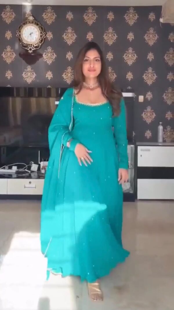Teal Blue Color Faux Georgette Fabric Real Mirror Hand Work Anarkali Suit